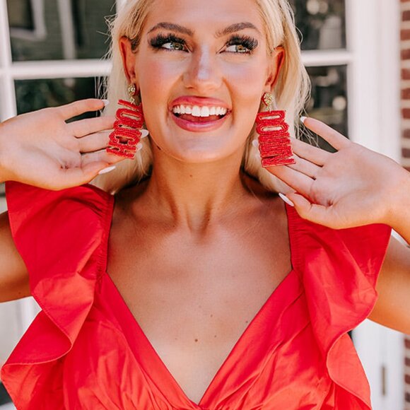 TOUCHDOWN GAME DAY Football Alabama Arkansas Red White Beaded Earrings NEW - Picture 1 of 4